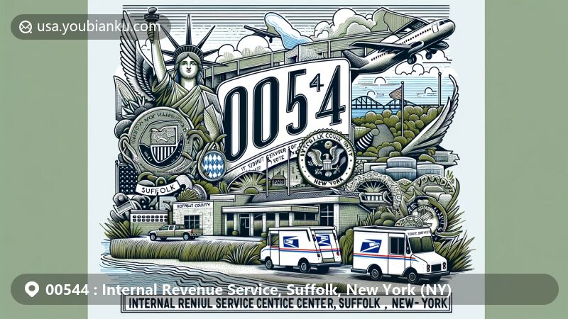 Modern illustration of Internal Revenue Service Center in Holtsville, Suffolk County, New York, showcasing ZIP code 00544 intertwined with Suffolk County's outline, New York State flag, and postal elements, set against a Long Island backdrop.