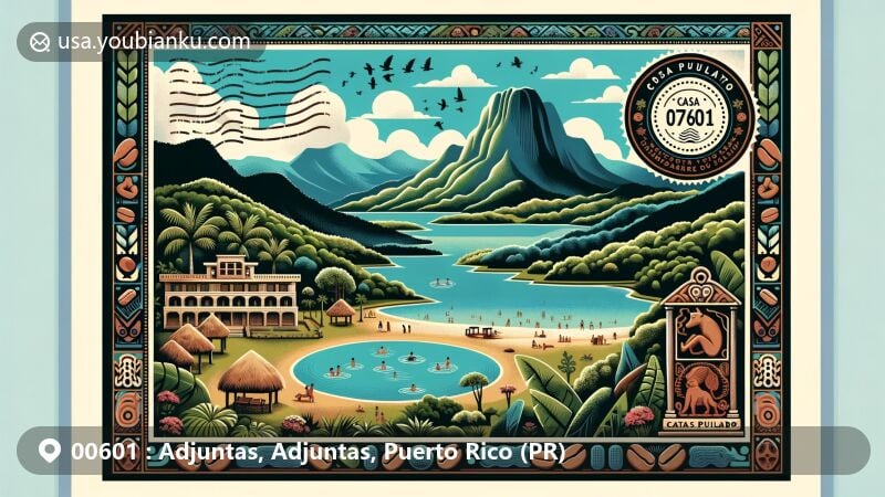 Modern illustration of Adjuntas, Puerto Rico, showcasing postcard design with Monte Guilarte, Bosque Guilarte, and Lago Garzas mountain views, adorned with coffee beans and Taíno petroglyphs, featuring Casa Pueblo and postal theme with ZIP code 00601.