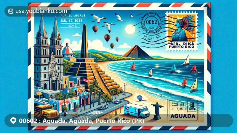 Illustration of Aguada, Aguada, Puerto Rico, showcasing landmarks like San Francisco de Asís church spires, Mayan-style pyramid, Columbus statue, and Taino petroglyphs, along with postal elements like postmark, stamps, and mail truck, set against a backdrop of Aguada's coastline.