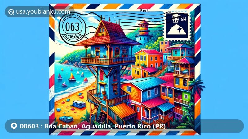 Modern illustration of Aguadilla, Puerto Rico, showcasing the Aguadilla Treehouse, colorful houses, and Crash Boat Beach within a postal-themed background, all highlighted with a postal stamp featuring ZIP code 00603.