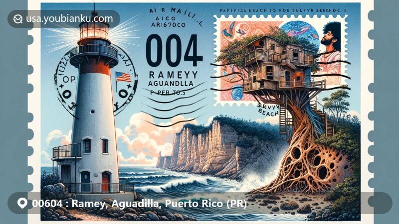 Modern illustration of Ramey, Aguadilla, Puerto Rico, capturing postal theme with ZIP Code 00604, featuring Punta Borinquen Light, Aguadilla Treehouse, Survival Beach, and Rafael Hernández stamp.