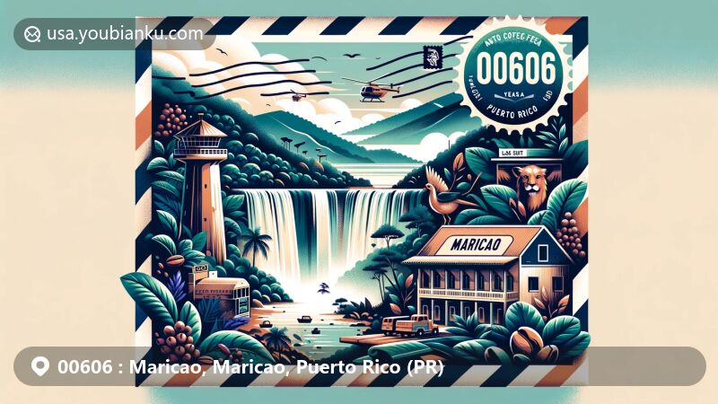 Modern illustration of Maricao, Puerto Rico, showcasing postal theme with ZIP code 00606, featuring coffee trees, Maricao State Forest, Salto Curet waterfall, La Torre de Piedra observation deck, and symbols of the Coffee Harvest Festival.