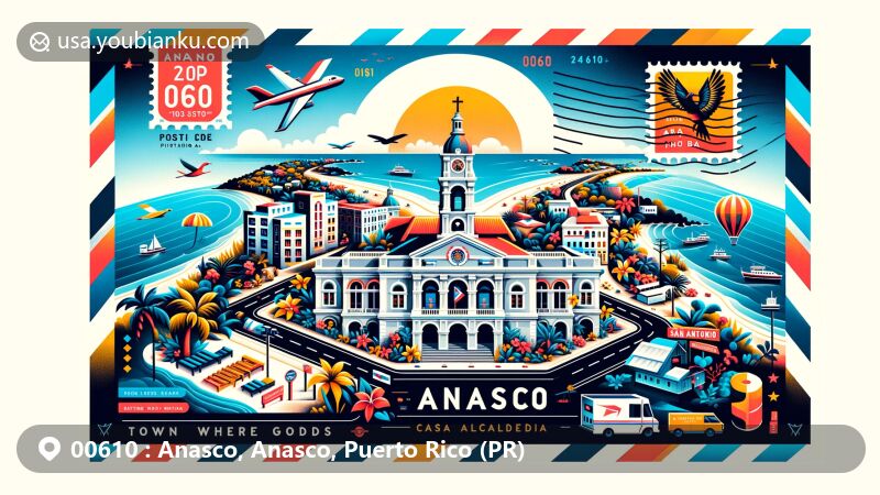 Modern illustration of Anasco, Puerto Rico, capturing key landmarks like Casa Alcaldia and Iglesia San Antonio de Padua, along with stunning Almirante Beach and Añasco Beach, blending historical folklore and postal theme with ZIP code 00610.