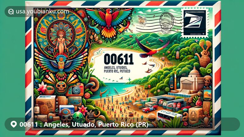 Colorful illustration of ZIP code 00611, representing Angeles, Utuado, Puerto Rico, featuring Caguana Indigenous Ceremonial Park, Rio Abajo State Forest, and historic landmarks.