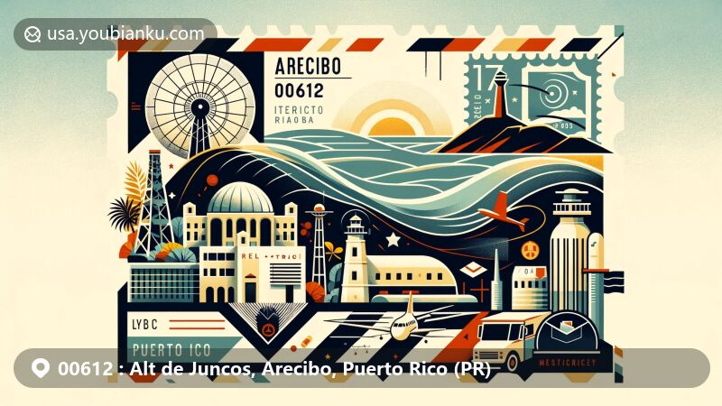 Modern illustration of Arecibo, Puerto Rico, showcasing local landmarks and postal elements with ZIP code 00612, featuring Arecibo Observatory, the Atlantic Ocean, and stylized map.