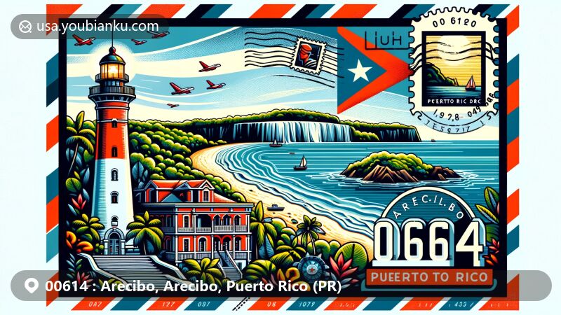 Illustration of Arecibo, Puerto Rico, showcasing Arecibo Lighthouse & Historical Park with postal theme including ZIP code 00614, stamps, and postmark, set against the backdrop of the Atlantic Ocean scenery.