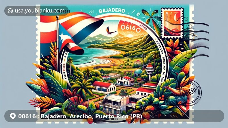 Modern illustration of Bajadero, Arecibo, Puerto Rico, postcard style featuring tropical vegetation, Puerto Rican flag, and postal elements with ZIP code 00616.