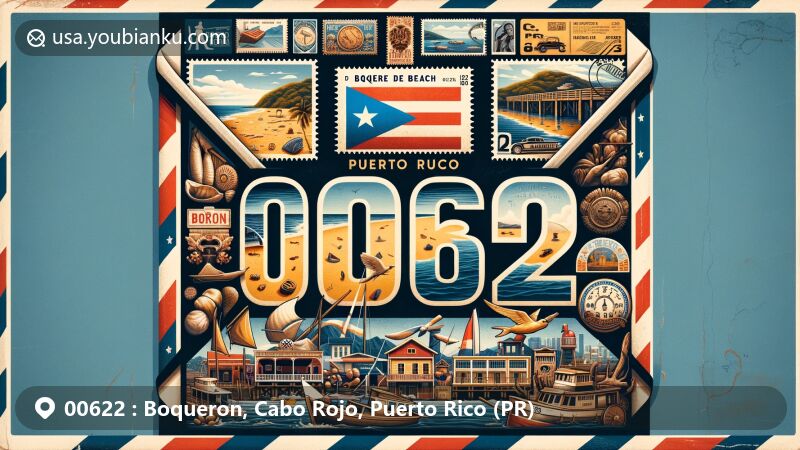 Colorful modern illustration of Boqueron, Cabo Rojo, Puerto Rico, featuring vintage airmail envelope with ZIP code 00622, Combate Beach, traditional fishing village, vibrant nightlife, Boqueron Bay, postcard with Puerto Rican flag, and postal stamp of an oyster.