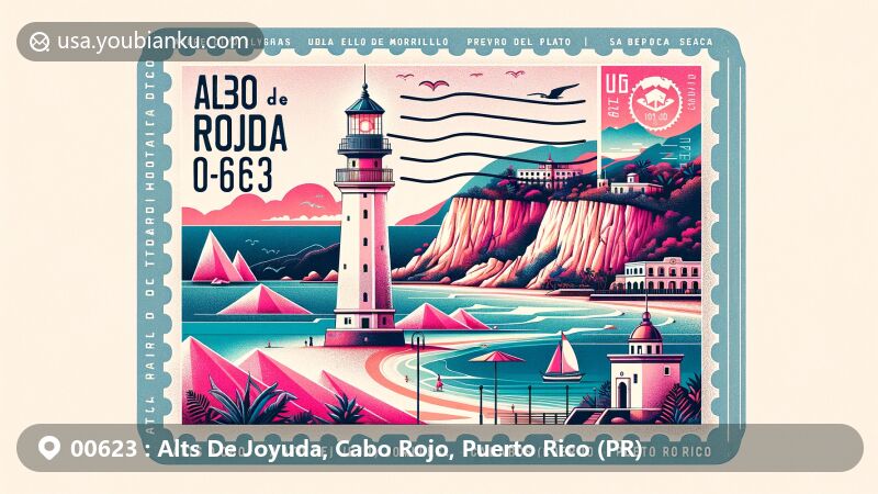 Modern illustration of Alts De Joyuda, Cabo Rojo, Puerto Rico, featuring postal theme with ZIP code 00623, showcasing iconic landmarks like historic Los Morrillos lighthouse, colorful pink salt flats, and beautiful Playuela beach, blending natural beauty and cultural elements.