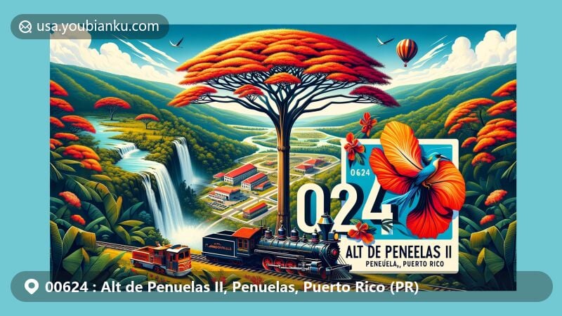 Modern illustration of Alt de Penuelas II, Penuelas area, Puerto Rico, showcasing Flamboyant Trees, Güiro instrument, and historical locomotive, with vibrant tropical colors and panoramic view of Guilarte State Forest and La Soplaera waterfalls.