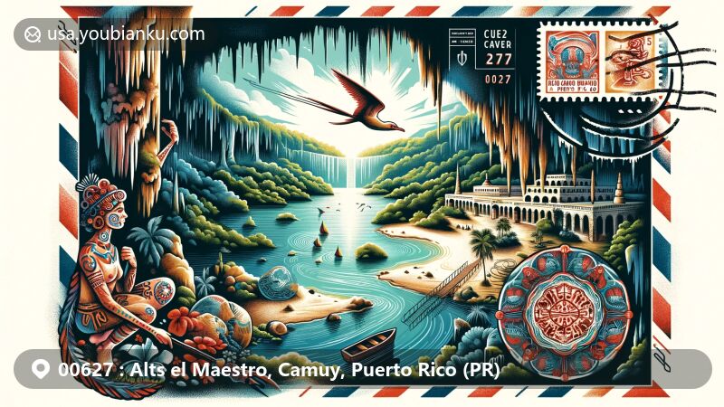 Modern illustration of Rio Camuy Cave Park in Camuy, Puerto Rico, showcasing the natural beauty of the world's third-largest cave system with underground river, stalactites, and stalagmites, featuring elements of Taino culture like rock art or crafts, reflecting indigenous heritage, and incorporating a postal theme with stamp, postmark, and postal code '00627'.