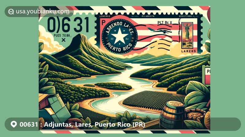 Modern illustration of Adjuntas, Lares, Puerto Rico (ZIP code 00631) with vintage airmail envelope theme, featuring Lares flag, Charco Mangó natural pool, coffee plantations, and postal elements.