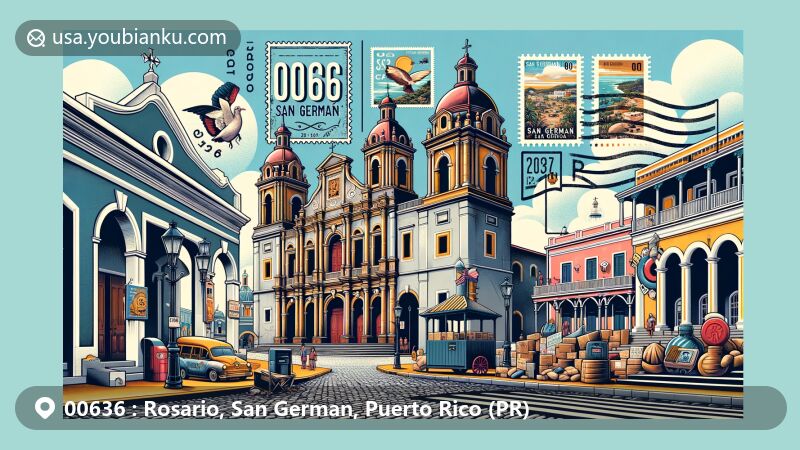 Modern illustration of Rosario, San German, Puerto Rico, highlighting historic landmarks including Porta Coeli convent and San Germán de Auxerre church, blending modern art style with cultural heritage elements.