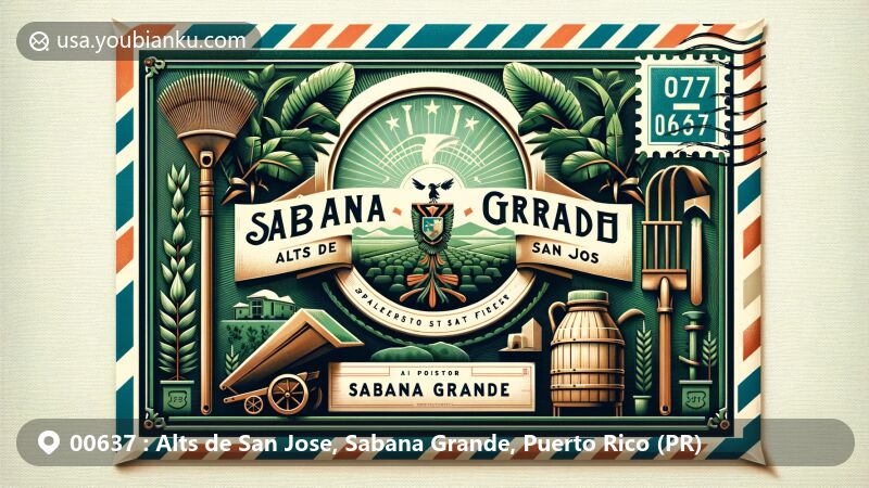 Modern illustration of Alts de San Jose, Sabana Grande, Puerto Rico, depicting a wide postal theme with vintage postcard featuring Sabana Grande Coat of Arms, lush Susúa State Forest, Virgen del Pozo sanctuary, and neoclassical churches, complemented by artistic palm leaf motifs and cultural icons.