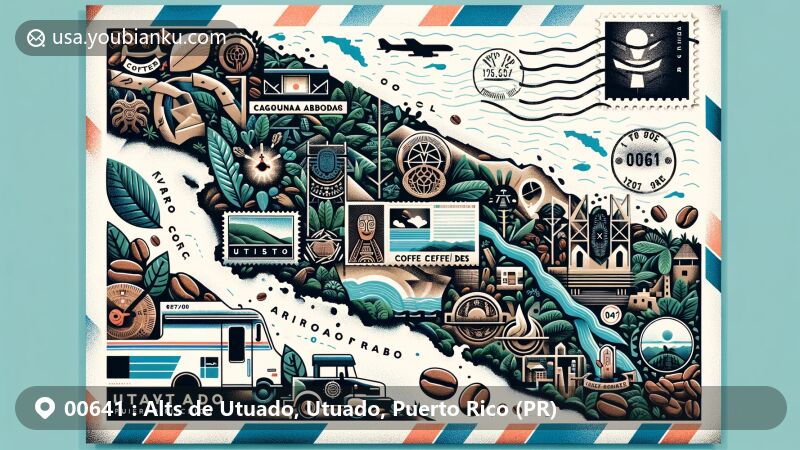 Modern illustration of Utuado, Puerto Rico, showcasing ZIP code 00641, featuring map of the area, Caguana Indigenous Ceremonial Park, coffee farm scenes, Río Abajo State Forest, Tanamá River National Forest, and postal elements.