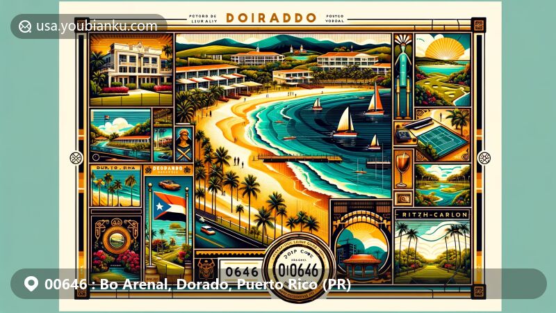 Modern illustration of Dorado, Puerto Rico, featuring ZIP code 00646, showcasing Dorado Beach, Ritz-Carlton Reserve, a prestigious golf course, and a traditional Spanish town square, adorned with postal elements like a postage stamp and postmark.