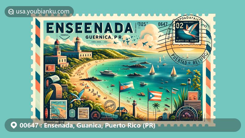 Modern illustration of Ensenada, Guanica, Puerto Rico, showcasing iconic coastal scenery with tropical beaches, Spanish Lighthouse ruins, and Gilligan's Island, capturing the essence of the region's rich history and culture.