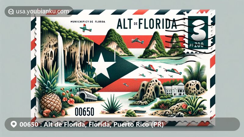 Modern illustration of Alt de Florida, Florida, Puerto Rico, showcasing municipal flag, cave formations, Cayenalisa Pineapple, and postal elements with ZIP code 00650.