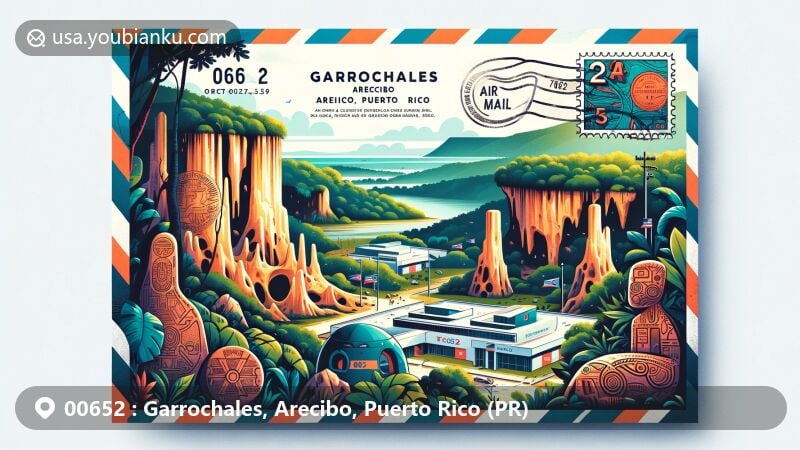 Modern illustration of Garrochales and Arecibo areas, Puerto Rico, featuring postal elements like stamps and a mailbox, showcasing the unique karst landscape, limestone formations, Cueva del Indio caves, Cambalache State Forest, and Taíno cultural elements.
