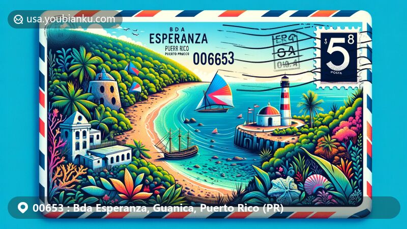 Creative illustration of Bda Esperanza, Guanica, Puerto Rico, showcasing postal theme with ZIP code 00653, featuring Guanica State Forest, Guanica Sugar Mill ruins, Gilligan’s Island, Spanish Lighthouse, and Fuerte Capron fortress.