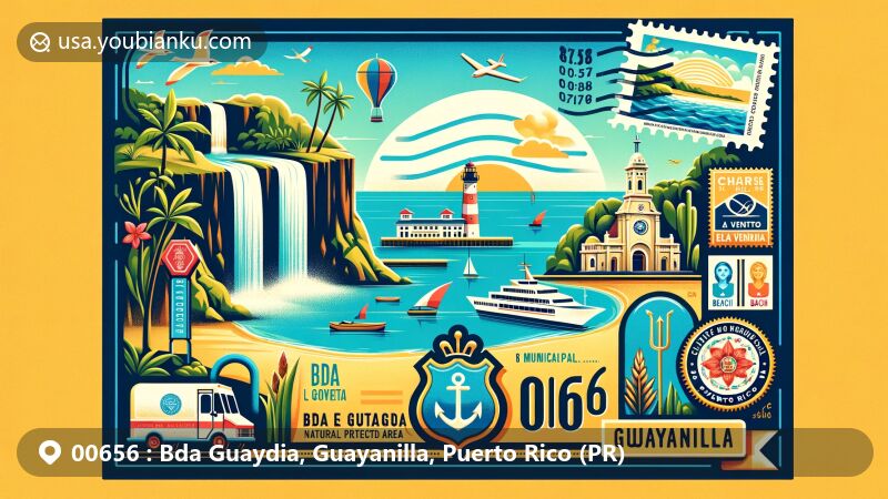Modern illustration of Bda Guaydia, Guayanilla, Puerto Rico, featuring Charco El Oro waterfall, El Convento caves, Emajagua Beach, and La Ventana Beach, with blue anchor, golden field, and sugarcane stems, embedded with postal elements like stamps and mail truck.