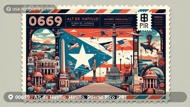 Contemporary illustration of Alt de Hatillo, Hatillo, Puerto Rico, featuring Monumento al Ganadero Productor de Leche de Puerto Rico and Monumento a las Mascaras de Hatillo, with vibrant Puerto Rican flag and cultural symbols like Jíbaro and handicrafts.