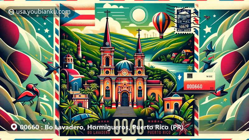 Modern illustration of Bo Lavadero, Hormigueros, Puerto Rico, featuring Basilica Menor de la Virgen de Monserrate, lush Puerto Rican landscapes, traditional cultural elements, and postal theme with ZIP code 00660.
