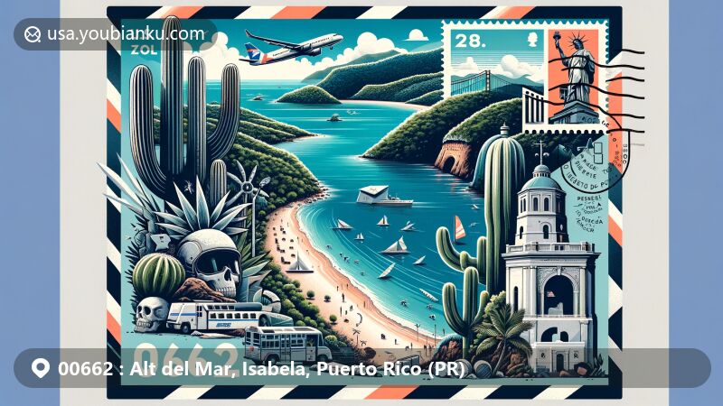 Modern illustration of Alt del Mar, Isabela, Puerto Rico, capturing postal theme with ZIP code 00662, featuring Guajataca Beach, Paseo Lineal de Isabela, Guajataca Tunnel, Monument to Cacique Mabodamaca, iconic cactus, and Pozo de Jacinto, amidst Guajataca State Forest.