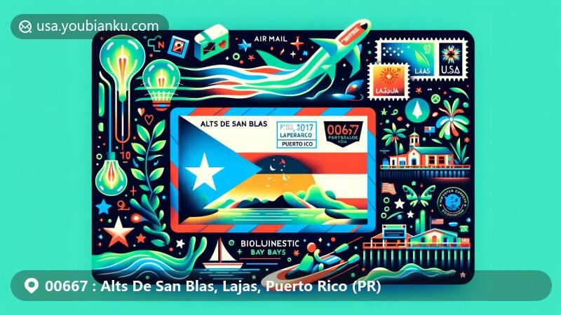 Modern illustration of Alts De San Blas, Lajas, Puerto Rico (PR), showcasing postal theme with ZIP code 00667, featuring glowing bioluminescent bay, La Parguera village with boardwalk and water activities, Laguna Cartagena National Wildlife Refuge, and Lajas flag and coat of arms.