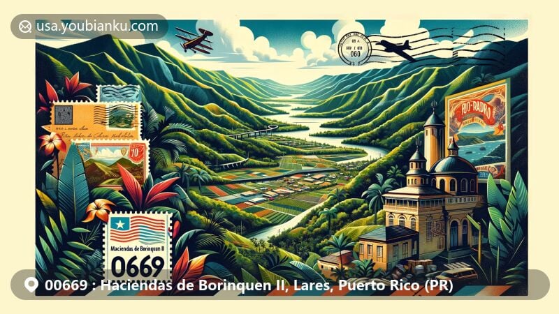 Modern illustration of Haciendas de Borinquen II, Lares, Puerto Rico, showcasing aerial view of Lares city surrounded by lush mountains and valleys, featuring iconic landmarks like Mirador Mariana Bracetti and Hacienda Lealtad coffee plantation, combined with postal elements and ZIP code 00669.