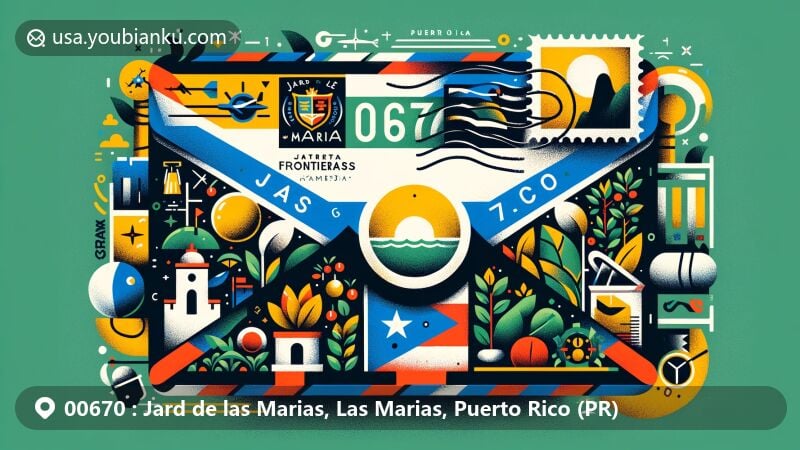 Modern illustration of Jard de las Marias, Las Marias, Puerto Rico, showcasing ZIP code 00670 with airmail envelope theme, featuring Barrietos Cavern, Fronteras Hacienda, coffee and citrus fruits, Las Marias flag, and coat of arms.
