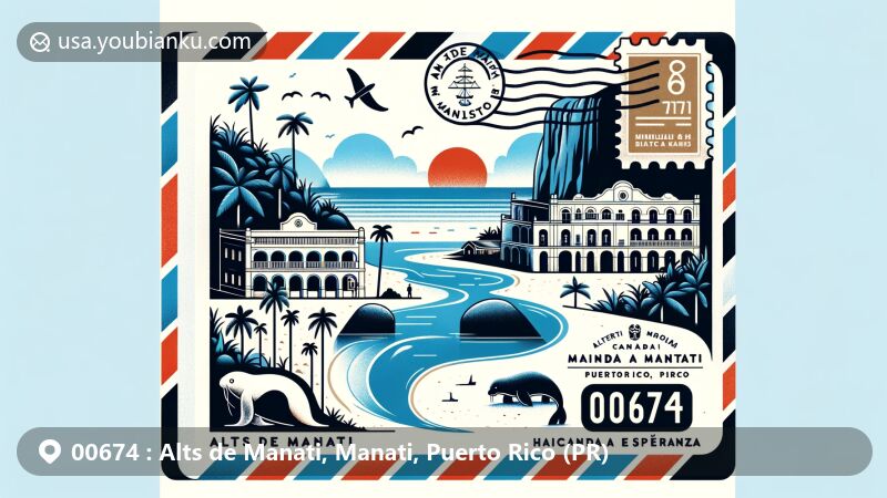 Modern illustration of Alts de Manati, Manati, Puerto Rico, highlighting Mar Chiquita beach, limestone cliffs, 19th-century architecture, and ZIP code 00674 with manatee illustrations, set against a backdrop of sugar cane and pineapple fields.