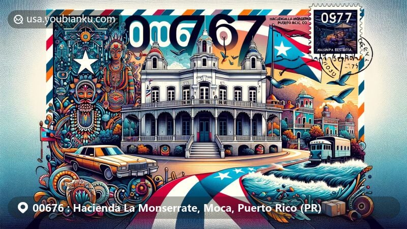 Modern illustration of Hacienda La Monserrate, Moca, Puerto Rico, showcasing Palacete Los Moreau museum and vibrant Puerto Rican cultural elements, including indigenous, Spanish, and African traditions, with a stylized vintage airmail envelope featuring the Puerto Rican flag and ZIP code 00676.