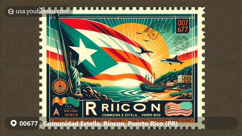 Modern illustration of Rincon, Puerto Rico, showcasing Comunidad Estella and postal theme with ZIP code 00677, featuring vibrant depiction of flag, municipal shield, sunset, humpback whale, and postal elements.