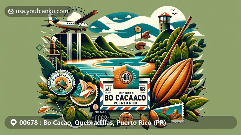 Modern illustration of Bo Cacao, Quebradillas, Puerto Rico, highlighting postal theme with vintage airmail elements, Quebradillas symbols, Guajataca Lake, lush green vegetation, and cacao pods, set against tropical landscapes and karst formations.