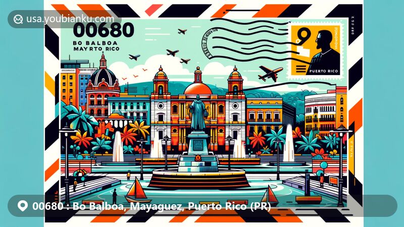 Modern illustration of Bo Balboa, Mayaguez, Puerto Rico, focusing on postal theme with ZIP code 00680, showcasing Plaza de Colon, Nuestra Señora de la Candelaria Cathedral, and University of Puerto Rico at Mayaguez.