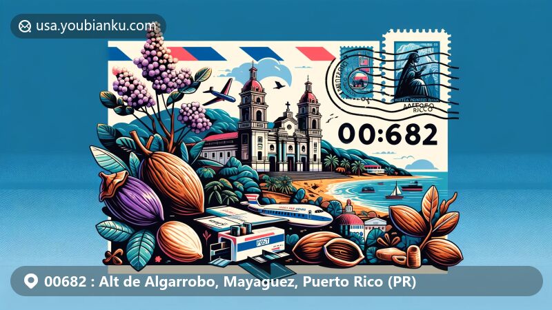 Modern illustration of Alt de Algarrobo, Mayaguez, Puerto Rico, featuring postal theme with ZIP code 00682, showcasing Algarrobo tree and Catedral Nuestra Señora de la Candelaria.