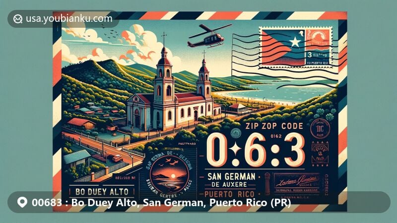 Vibrant illustration of San Germán de Auxerre Church and Sabana Grande valley, Puerto Rico, showcasing ZIP code 00683 with vintage airmail envelope design.