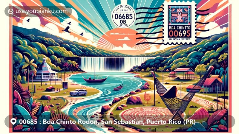 Modern illustration of San Sebastian, Puerto Rico, showcasing Gozalandia Waterfall, traditional Puerto Rican hammock, and Taíno petroglyphs, capturing the essence of the Bda Chinto Rodon community.
