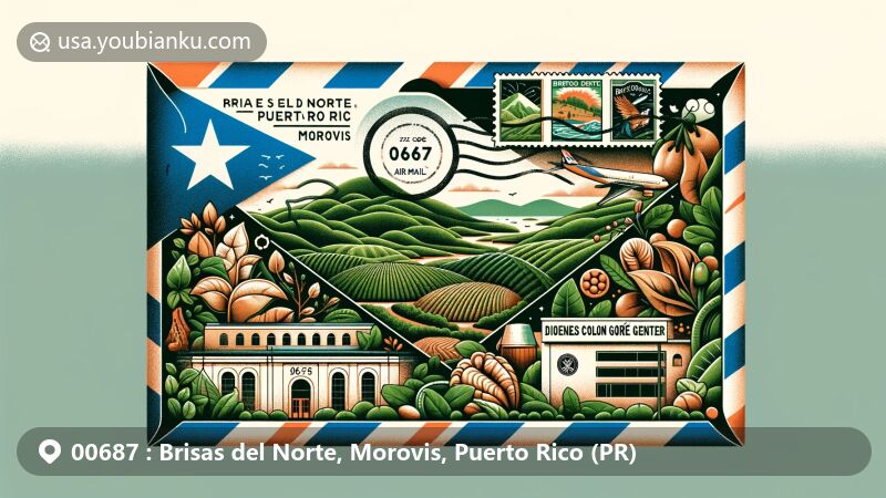 Modern illustration of Brisas del Norte, Morovis, Puerto Rico, showcasing postal theme with ZIP code 00687, featuring lush green hills symbolizing fertile farming region, Diógenes Colón Gómez Cultural Center, and Las Cabachuelas caverns.