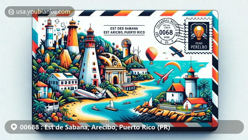 Modern illustration of Est de Sabana, Arecibo, Puerto Rico, featuring vibrant airmail envelope design with iconic landmarks including Punta Los Morrillos Lighthouse, Cueva del Indio, Casa Ulanga, Cambalache State Forest, Lago Dos Bocas, and Poza del Obispo beach.