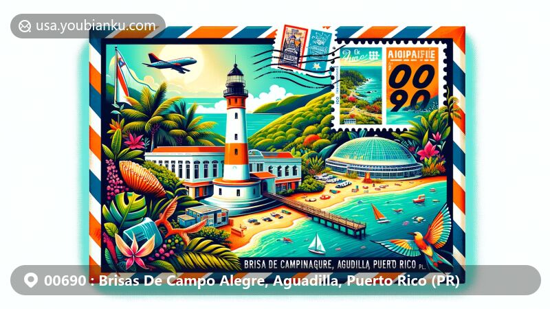 Vintage-style airmail envelope illustration for zipcode 00690, Brisas De Campo Alegre, Aguadilla, Puerto Rico, featuring key landmarks like Punta Borinquen Lighthouse and Crash Boat Beach, cultural symbols, and lush tropical flora.