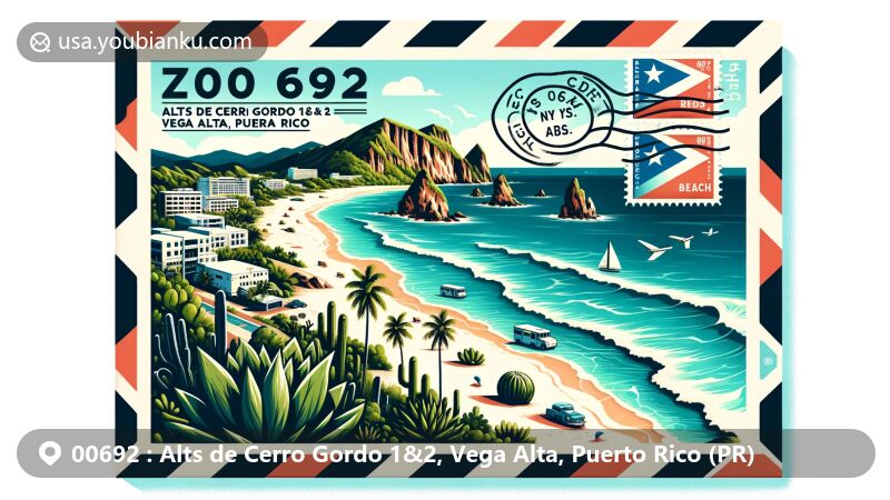 Vibrant illustration of Vega Alta area, Puerto Rico, featuring ZIP code 00692 and Alts de Cerro Gordo 1&2, highlighting Cerro Gordo Beach with white sands, palm trees, and blue waters, integrating postal elements like stamps and postmarks.