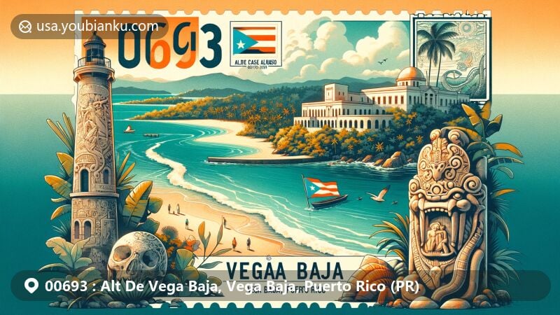 Vivid illustration of Alt De Vega Baja area in Vega Baja, Puerto Rico, featuring stunning beach scenery, Museo Casa Alonso, Puerto Rican symbols, and postal motifs for ZIP code 00693.