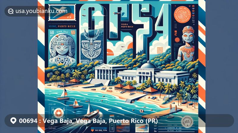 Modern illustration of Vega Baja, Puerto Rico, featuring the vibrant ZIP code 00694, showcasing the town's iconic beach, Casa Alonso museum, Taino rock carvings, and unique postal theme.