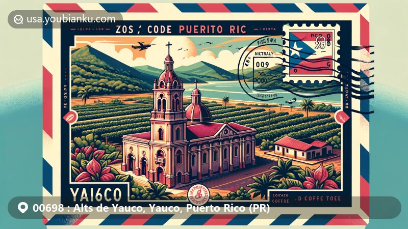 Modern illustration of Yauco, Puerto Rico, showcasing cultural and historical elements with Nuestra Señora del Rosario Church, coffee plantations, and postal theme including ZIP code 00698 and Puerto Rican flag stamp.