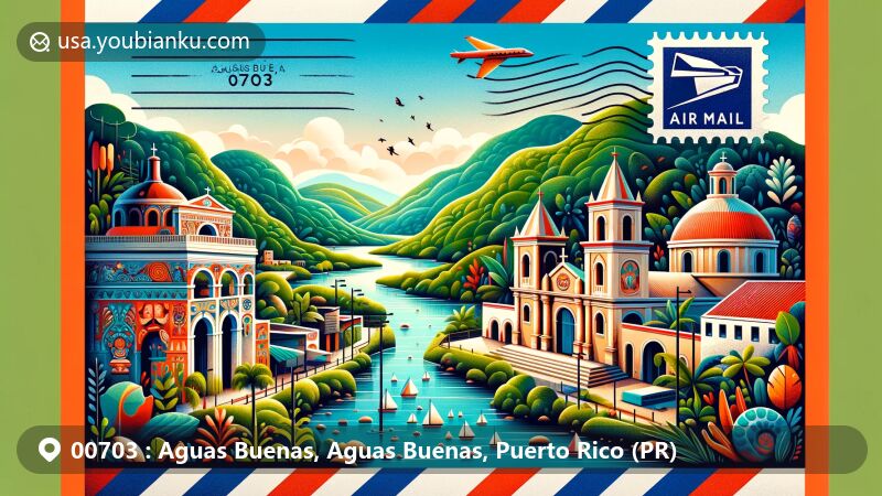 Modern illustration of Aguas Buenas, Puerto Rico, featuring vibrant air mail envelope integrating key landmarks like Caño de las Piñas and Parroquia Los Tres Santos Reyes, alongside Aguas Buenas Caves and Sierra de Cayey mountain range.