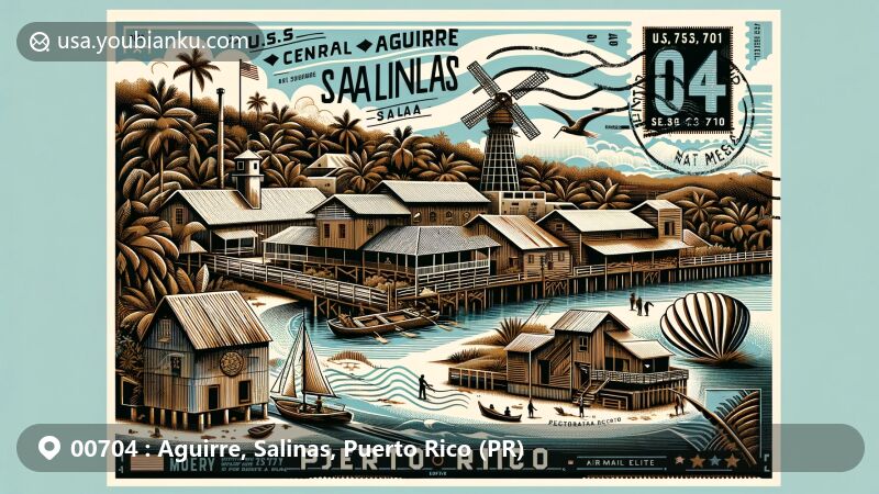 Modern illustration of the Central Aguirre Historic District in Aguirre, Salinas, Puerto Rico, showcasing sugar mill, wooden cottages, local landmarks, and cultural symbols with a tropical backdrop and postal theme, featuring ZIP code 00704.