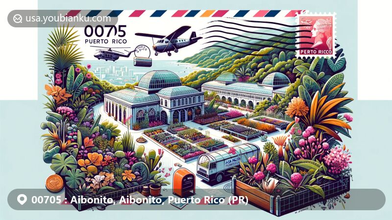 Modern illustration of Aibonito, Puerto Rico, showcasing regional gardens, landmarks like Casa Museo Federico Degetau, and postal elements with ZIP code 00705, reflecting the 'Puerto Rico's Garden' nickname.
