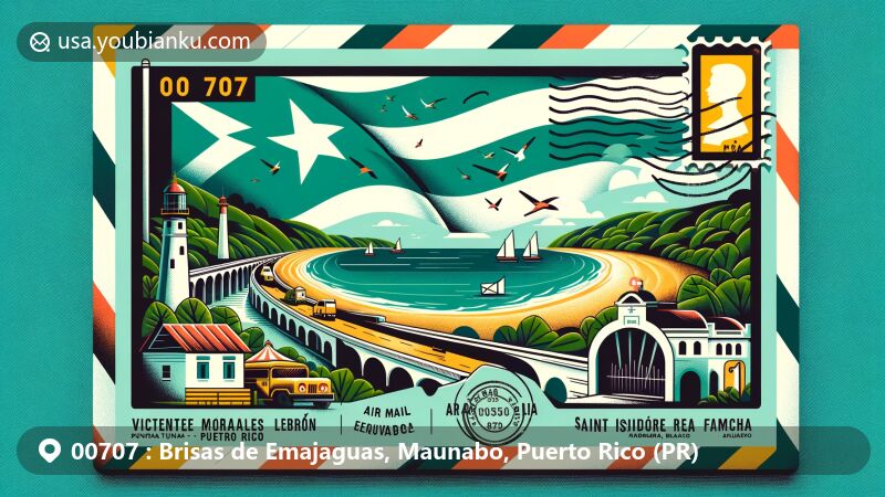 Modern illustration of Brisas de Emajaguas, Maunabo, Puerto Rico with ZIP code 00707, showcasing the Vicente Morales Lebrón Tunnel, Punta Tuna Lighthouse, Playa Larga, and Villa Pesquera Beach. Postal theme elements like stamps, postmarks, mailboxes, and postal vehicles are integrated, along with Maunabo's flag symbolizing agriculture and Saint Isidore the Farmer. The design features a contemporary and captivating illustration style, perfect for web display.